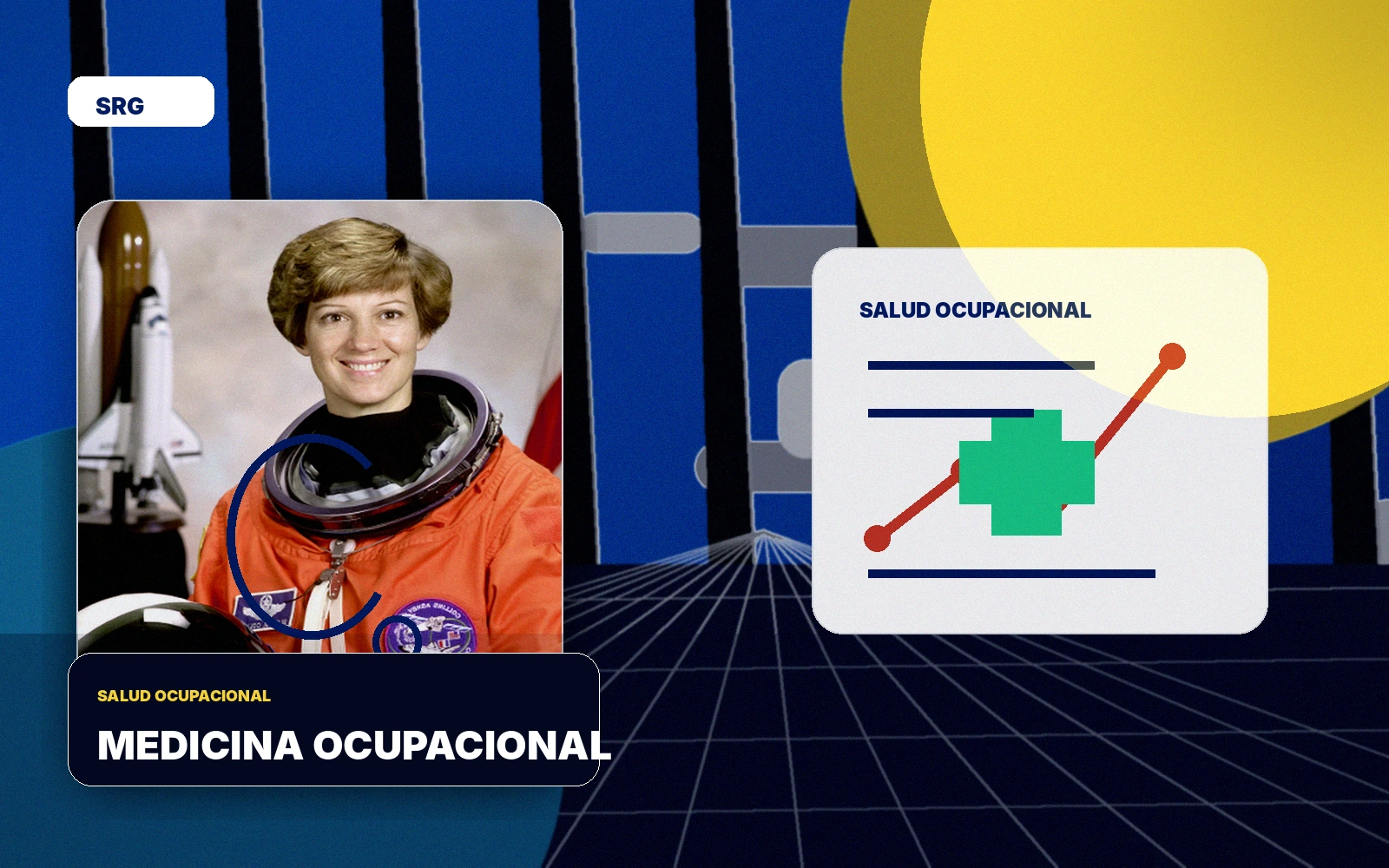 Ilustración de medicina ocupacional con doctor, gráfica de salud y seguridad laboral