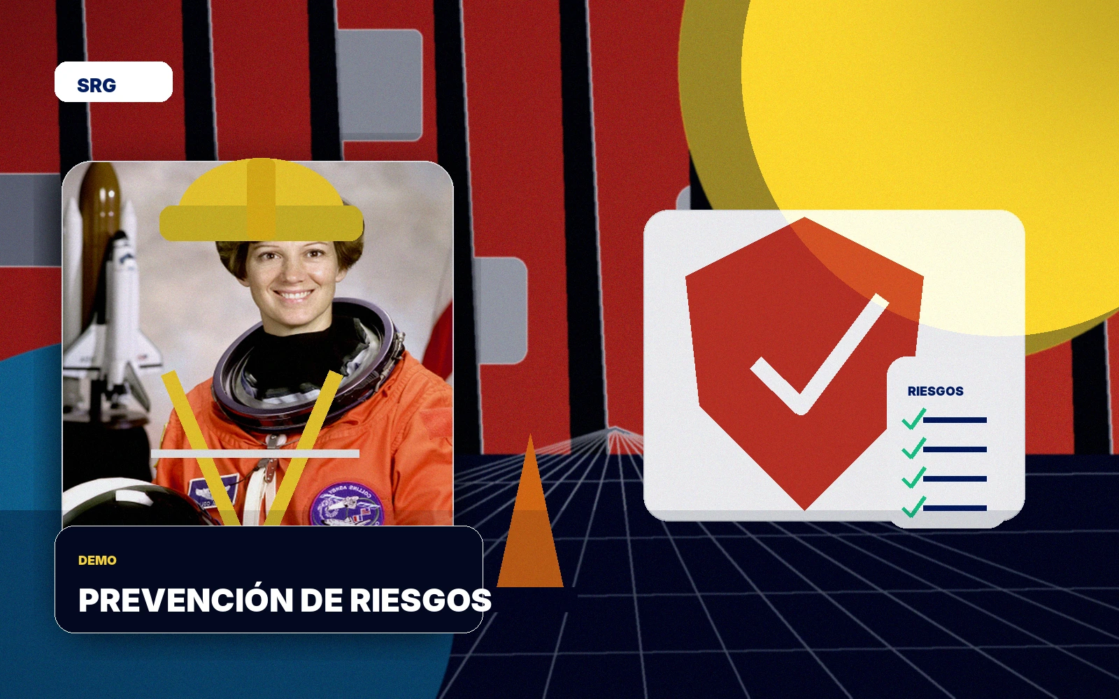Ilustración de prevención de riesgos laborales con escudo y señal de seguridad